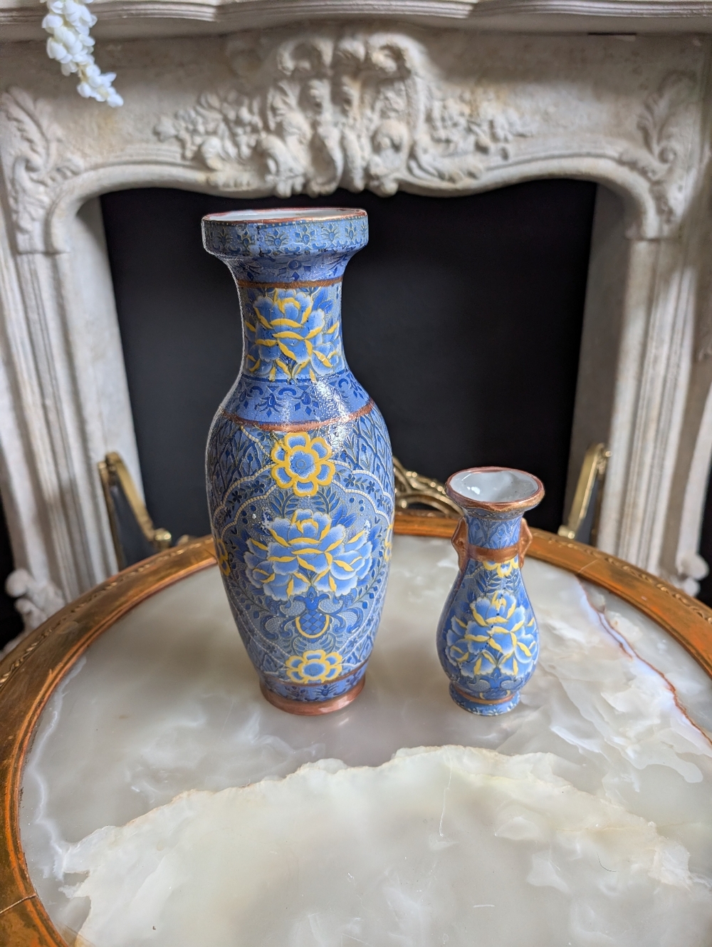 Vintage, set of 2,  20th C. Blue & White Chinese Ceramic w/ Gilt edging